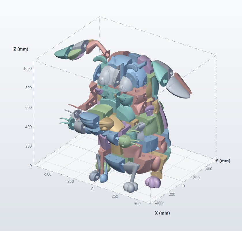 A 1.1 m model cut into 83 parts that fit a 220 × 220 × 250 mm printer, with connectors